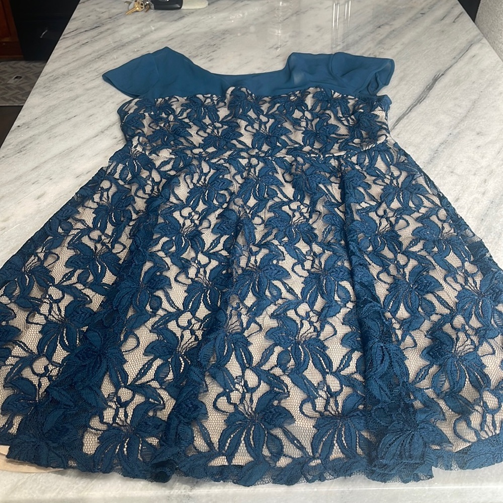 Julian Taylor Teal Lace Overlay Fit-and-Flare Dress